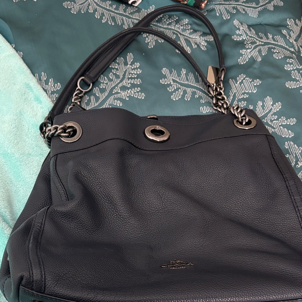 Coach Dark Leather Shoulder Bag with Chain Details